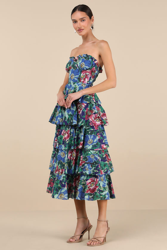 Nayha Blue Multi Floral Strapless Tiered Midi Dress