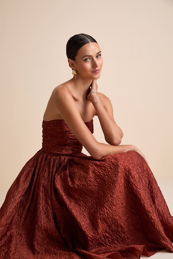 Analeia Rust Jacquard Lace-Up Strapless Midi Dress