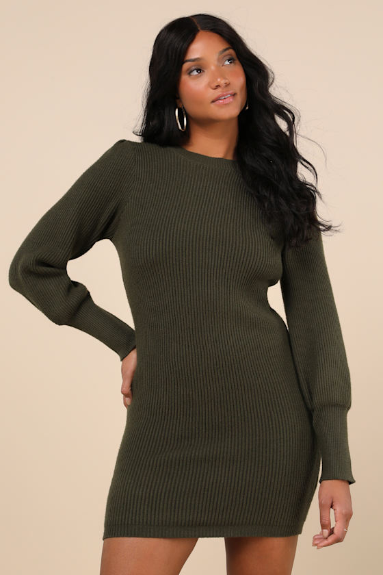 Loving You Fondly Olive Green Ribbed Knit Sweater Dress