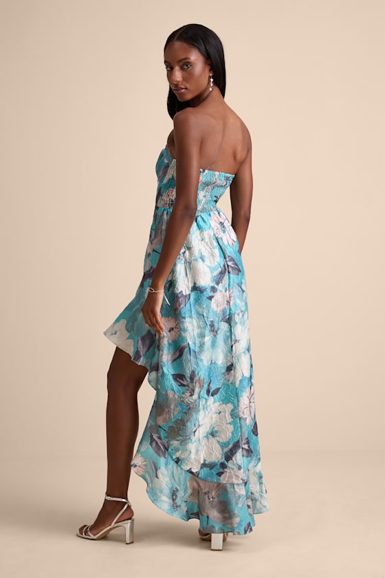 Blushing Darling Turquoise Floral Strapless High-Low Maxi Dress