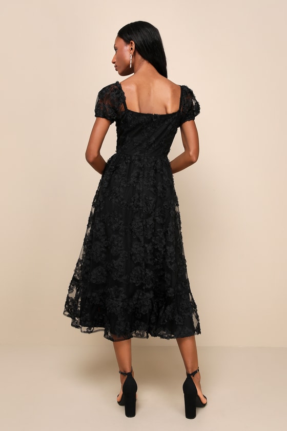 Notable Elegance Black Mesh Floral Applique Bustier Midi Dress
