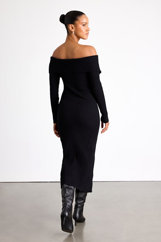Trendy Aura Black Off-the-Shoulder Zip-Front Sweater Dress