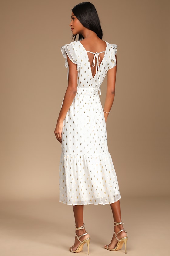 Cause to Celebrate White and Gold Dot Ruffled Tiered Midi Dress