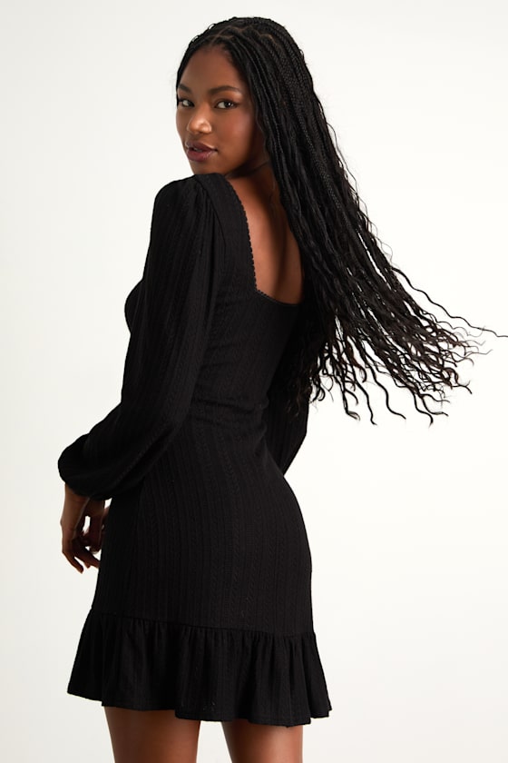 Coveted Sweetness Black Pointelle Knit Long Sleeve Mini Dress
