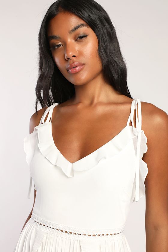 Never a Dull Moment White Tie-Strap Pleated Midi Dress