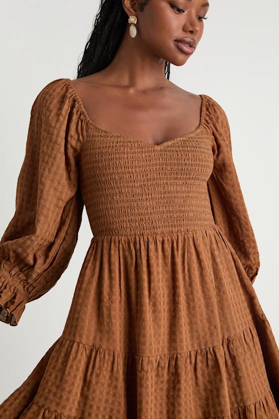 Charming Afternoon Tan Gingham Balloon Sleeve Mini Dress