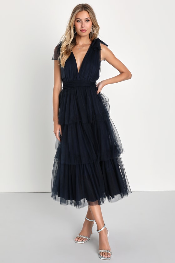 Flawless Arrival Navy Blue Tulle Tie-Strap Tiered Maxi Dress