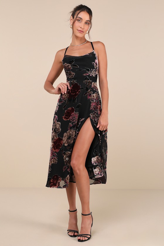 Exuberant Vibes Black Floral Velvet Burnout Tie-Back Midi Dress