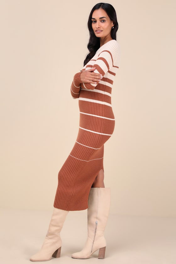 Seasonal Status Ivory and Brown Striped Midi Sweater Dress