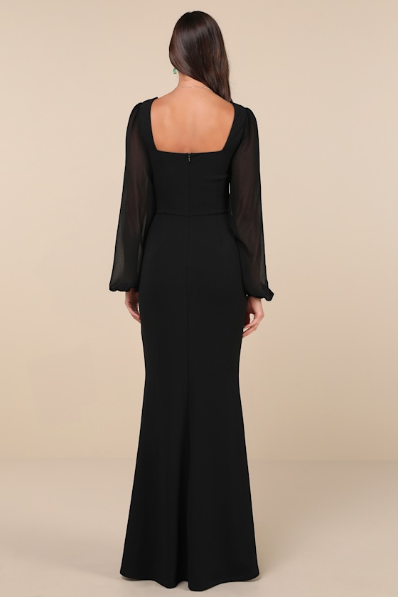 Composed Elegance Black Balloon Sleeve Mermaid Maxi Dress