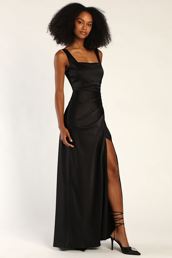Red Carpet Romance Black Satin Square Neck Maxi Dress