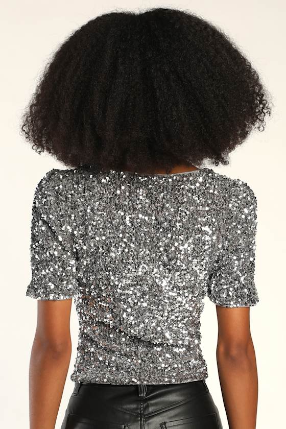 Sparkling Marvel Silver Sequin Square Neck Crop Top