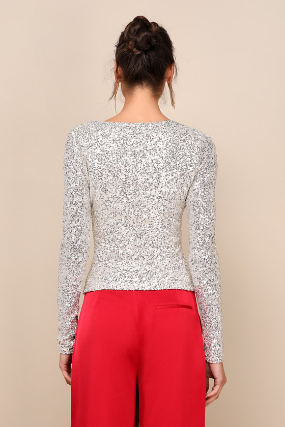 Unique Vibe Beige Sequin Asymmetrical Long Sleeve Top