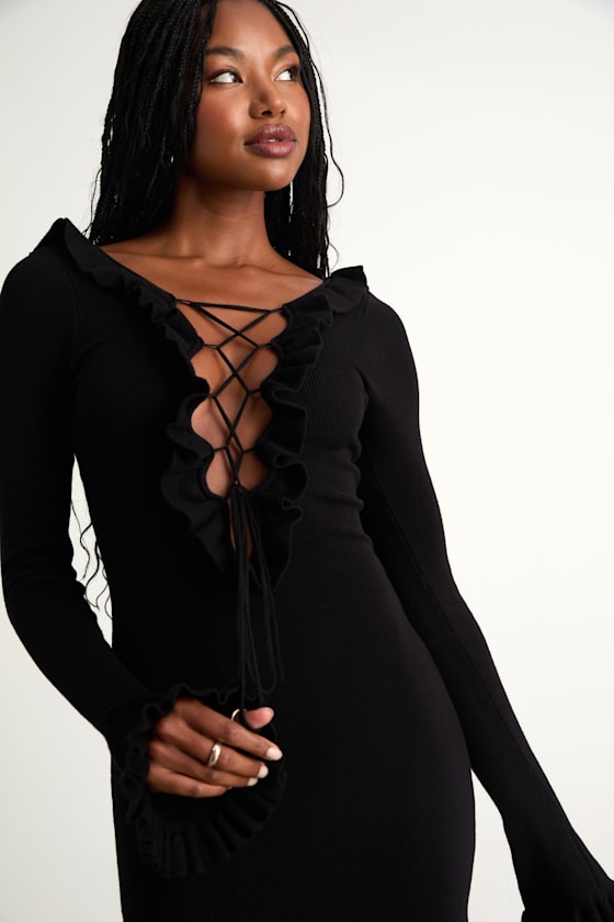 Haylea Black Ribbed Lace-Up Ruffled Sweater Mini Dress