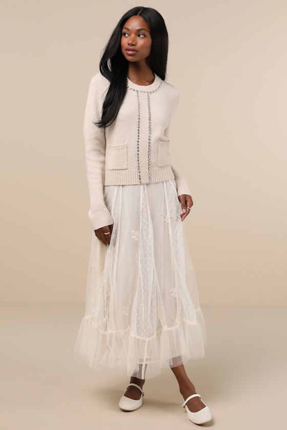 Sparkling Appeal Heather Cream Rhinestone Sweater