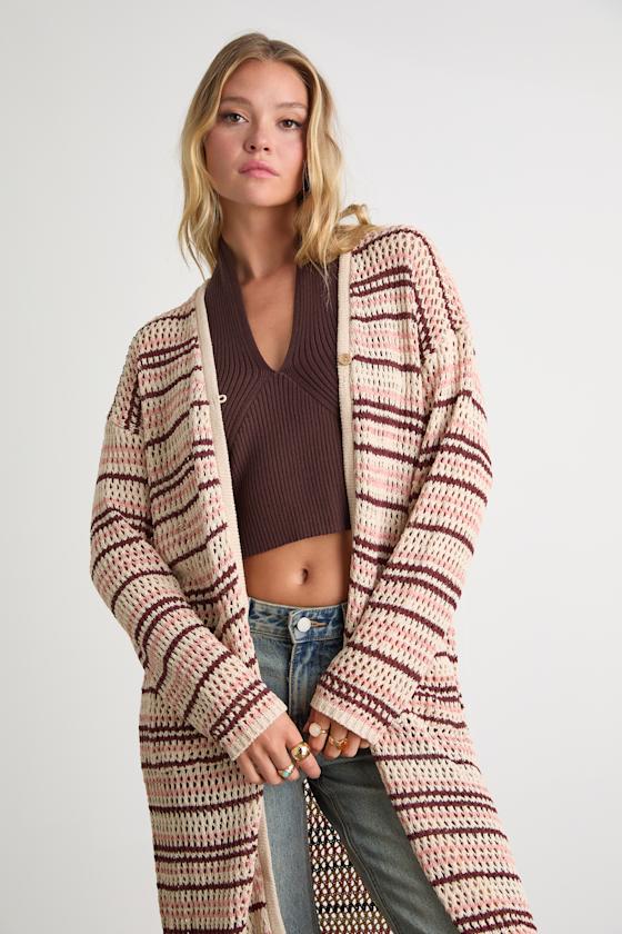 Breezy Strolls Beige Multi Striped Crochet Long Cardigan