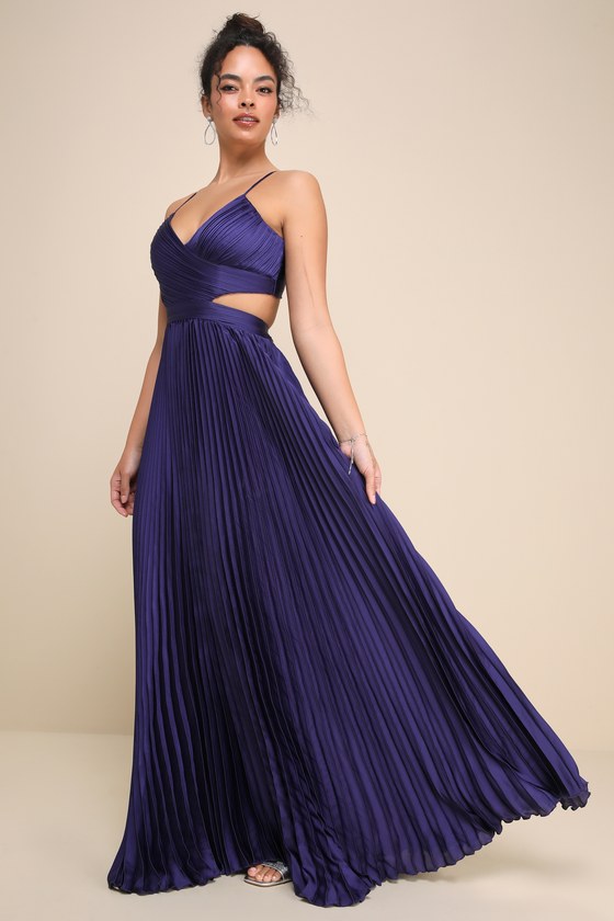Got the Glam Navy Blue Pleated Cutout Maxi Dress
