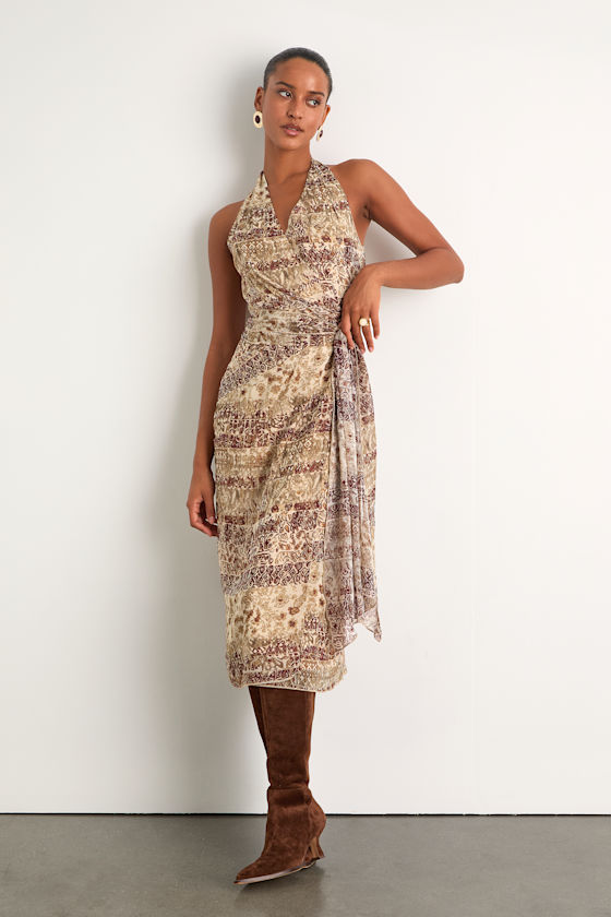 Francine Beige Multi Boho Print Halter Midi Dress