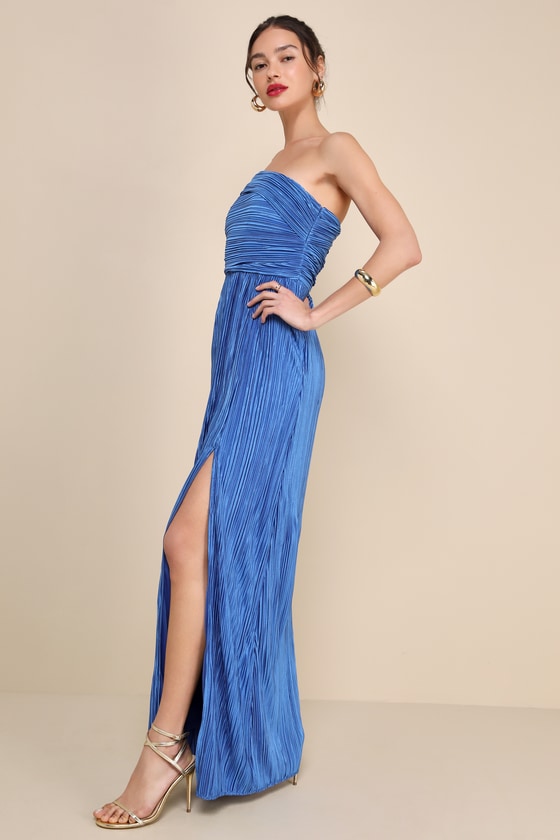 Poised Performance Blue Plisse One-Shoulder Maxi Dress