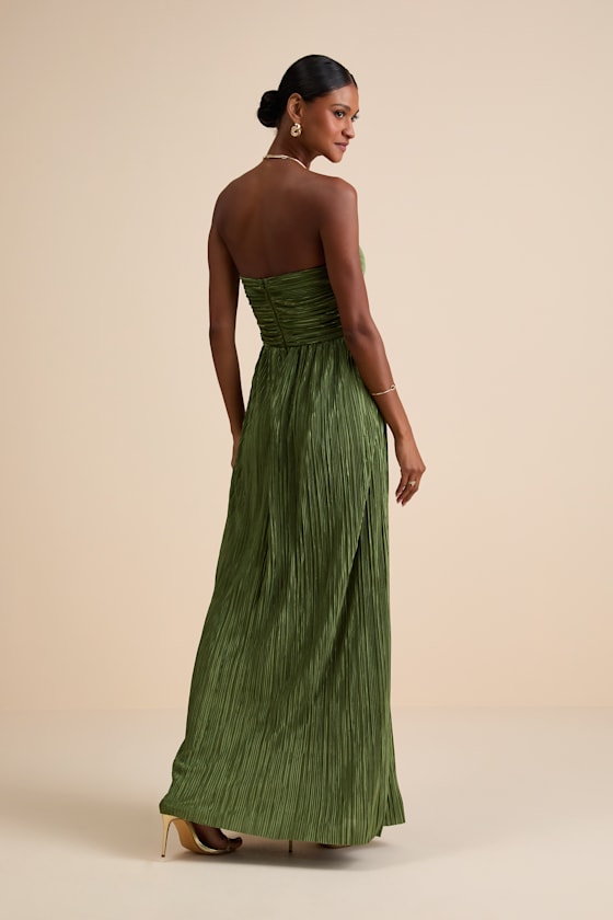 Oswin Olive Green Satin Plisse Strapless Maxi Dress