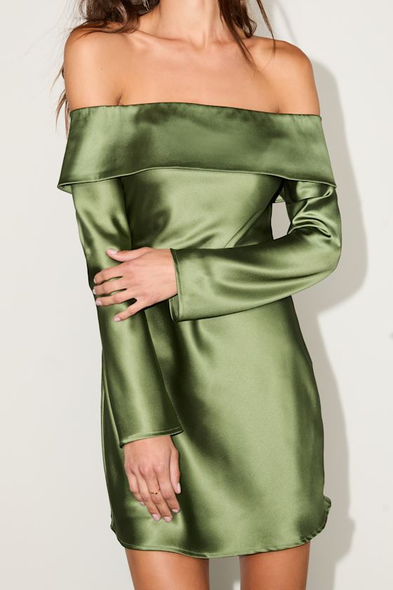 Luxurious Vision Olive Green Satin Off-the-Shoulder Mini Dress