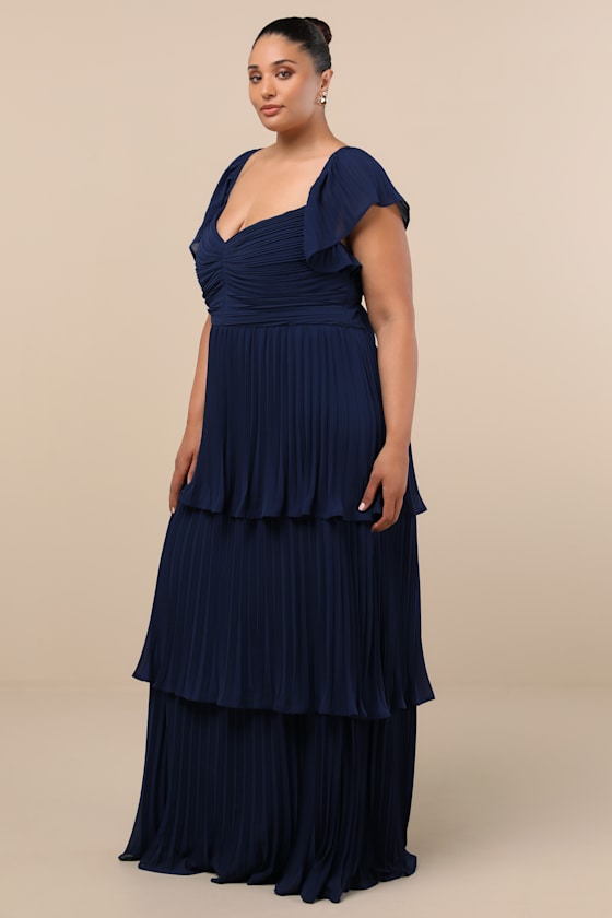 Notorious Charm Navy Blue Pleated Flutter Sleeve Maxi Dress