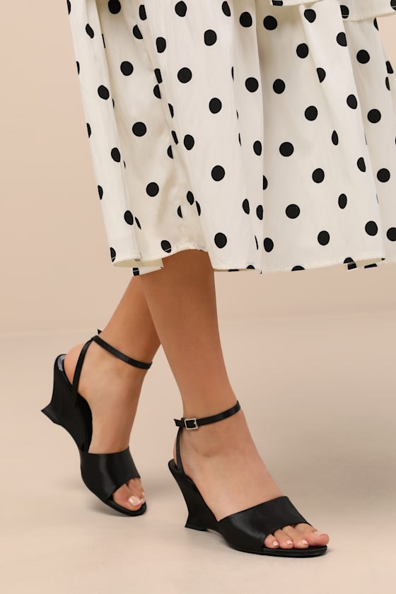 Chiarina Black Satin Ankle Strap Wedge Sandals