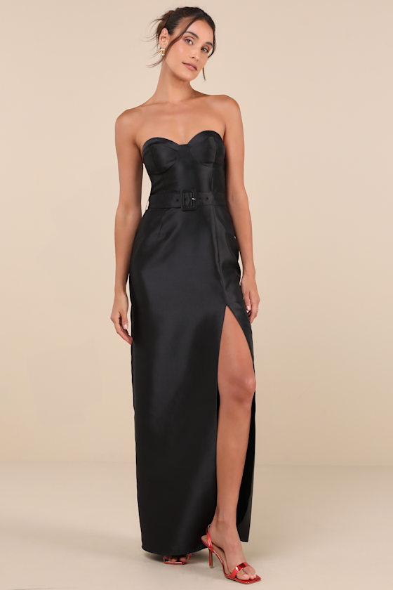 Luxe Sweetie Black Taffeta Belted Strapless Maxi Dress