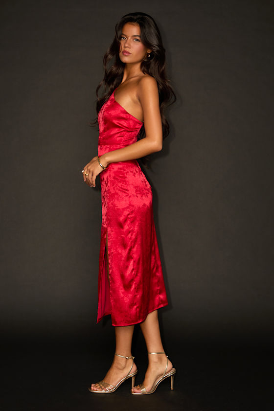 Desirable Dream Red Satin Jacquard Halter Neck Midi Dress