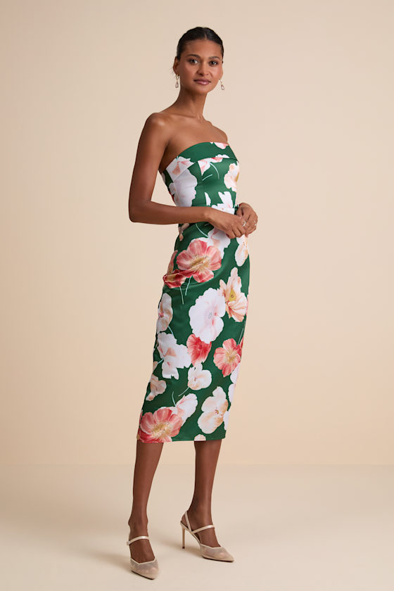 Oriana Dark Green Floral Satin Strapless Midi Dress