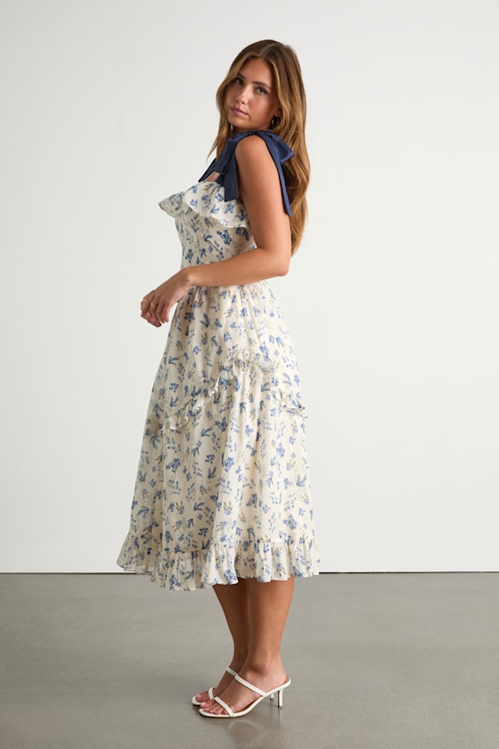 Candice Ivory Floral Ruffled Tie-Strap Midi Dress