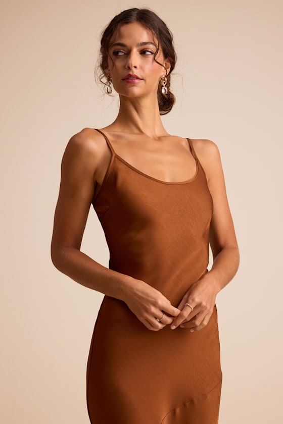 Riyona Rust Brown Satin Seamed Sleeveless Maxi Dress