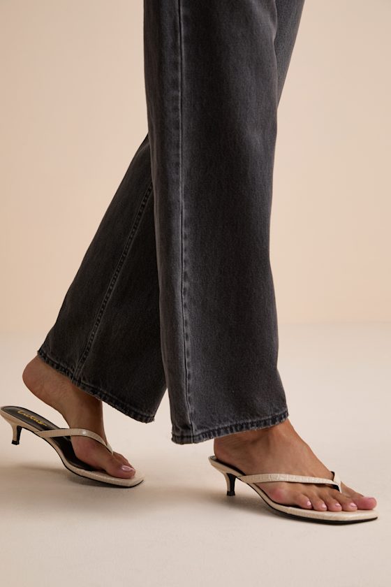 Massima Bone Croc-Embrossed Thong Kitten Heel Sandals