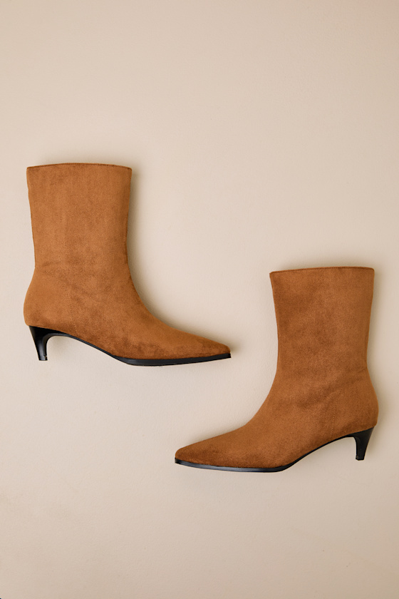 Carla Cognac Suede Kitten Heel Mid-Calf Booties