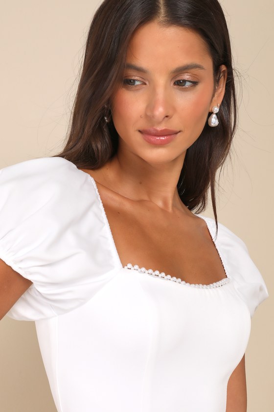 Adorable Poise White Pearl Puff Sleeve Mini Dress
