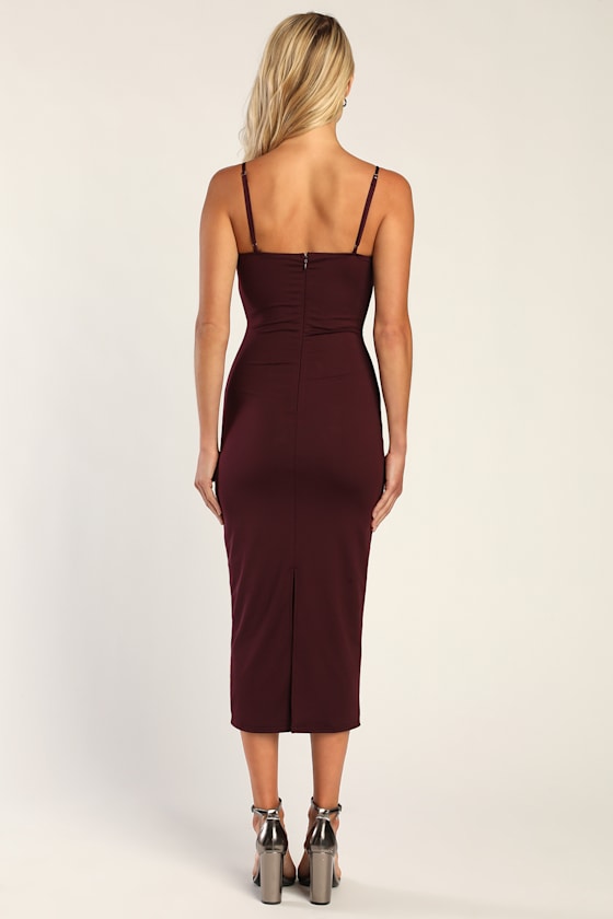 Sophisticated Soiree Plum Purple Bustier Midi Bodycon Dress