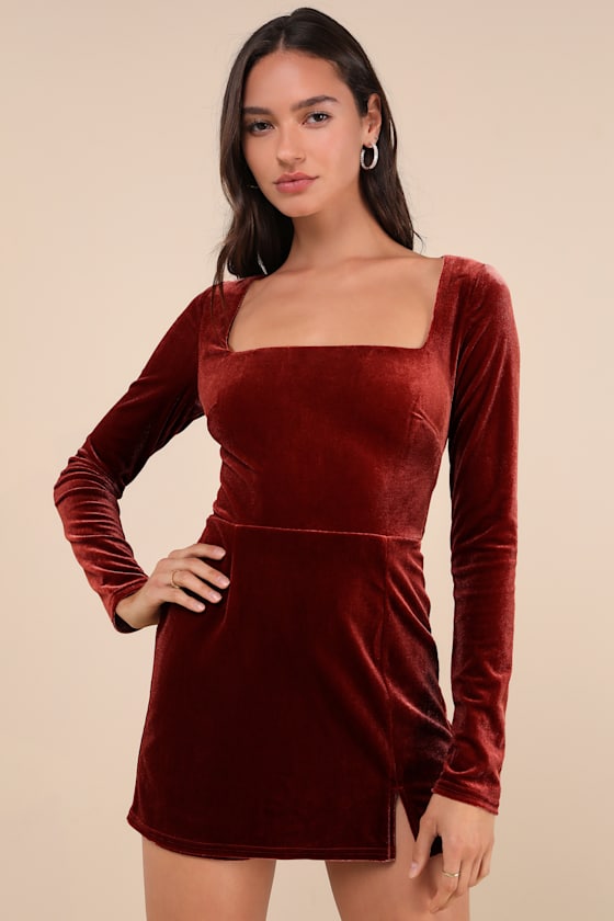 Admirable Aura Rust Velvet Long Sleeve Skort Romper