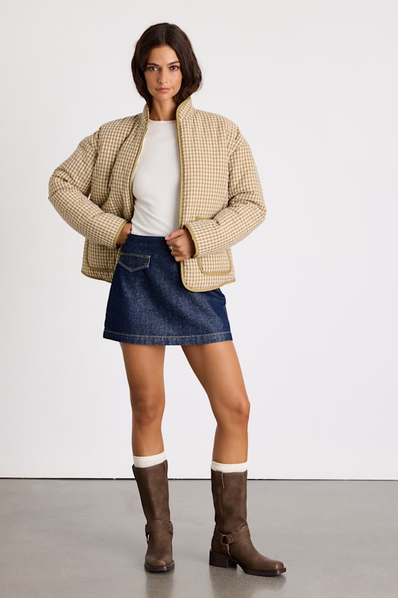 Bundled Perfection Olive Plaid Quilted Puffer Jacket