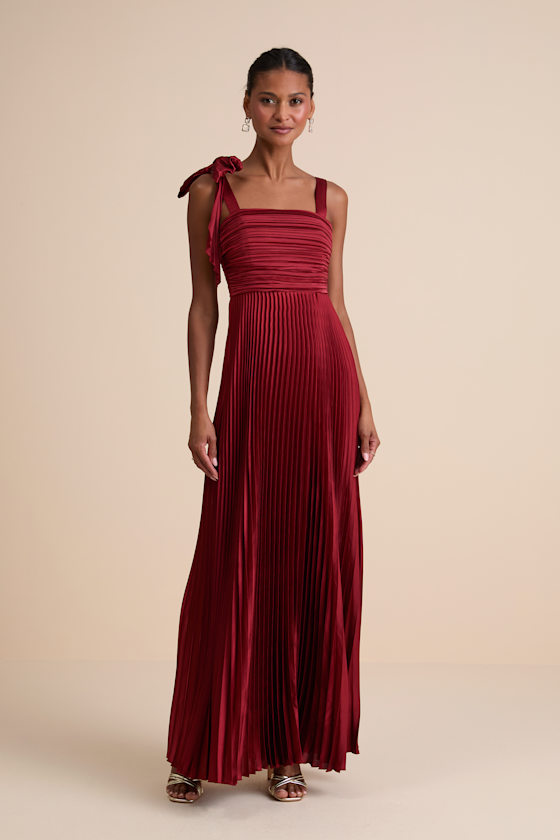 Gorgeous Purpose Red Satin Pleated Sleeveless Bow Maxi Dress