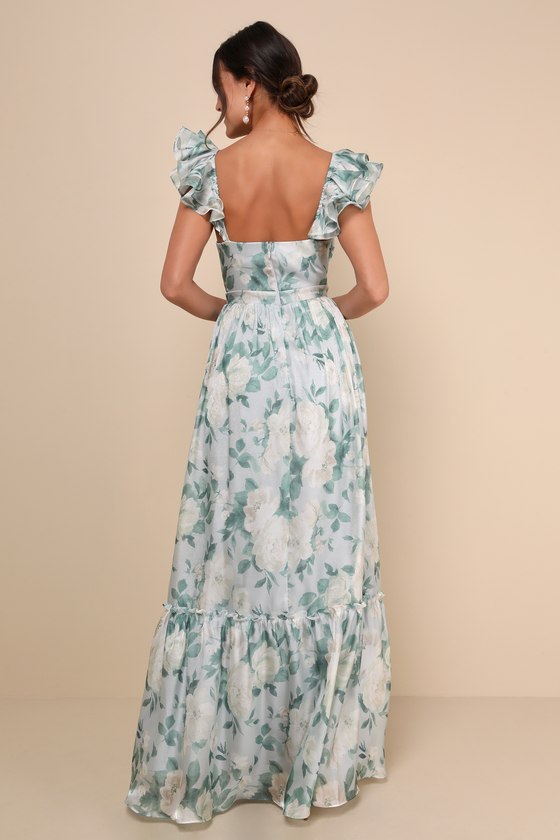 Soiree Perfection Light Blue Floral Ruffled Tiered Maxi Dress