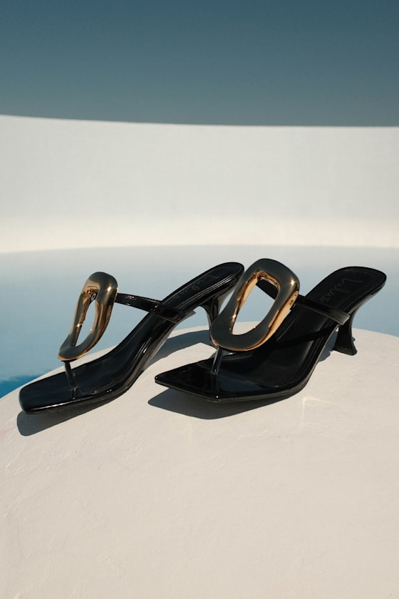 Xenia Black Patent Embellished High Heel Thong Sandals