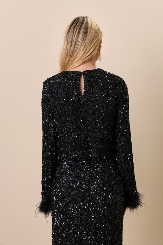Sparkling Behavior Black Sequin Feather Long Sleeve Top
