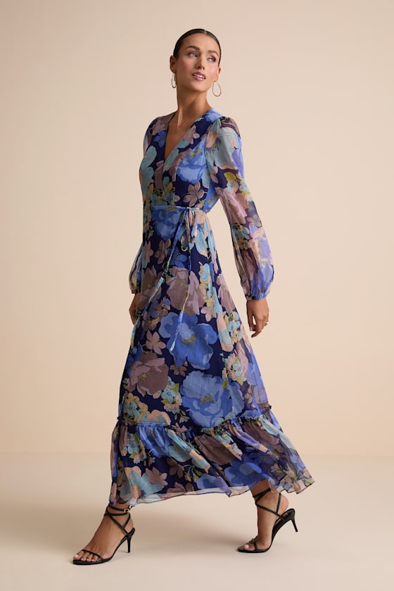 Feeling Sweet Navy Floral Print Long Sleeve Wrap Maxi Dress