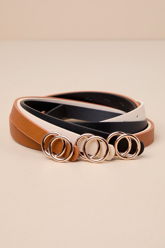 Cute Finish Black Ivory and Brown Skinny O-Buckle Belt Set