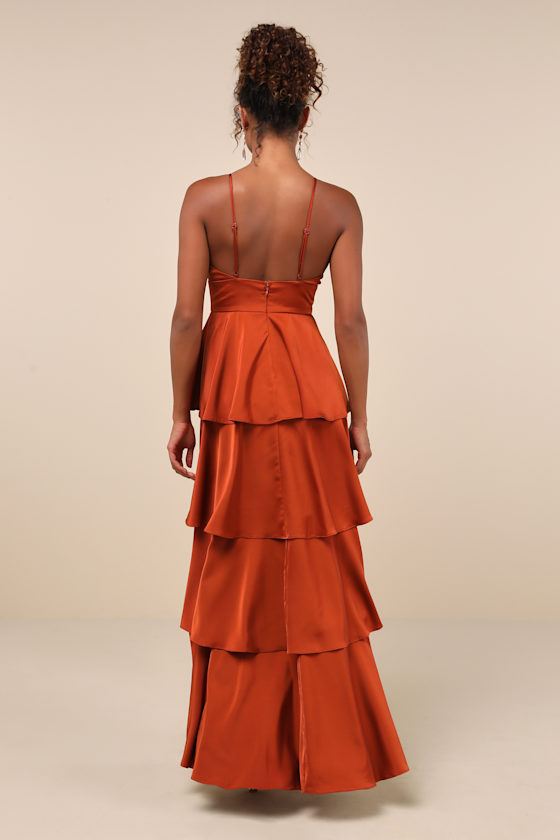 Going with Elegance Rust Brown Satin Tiered Gown