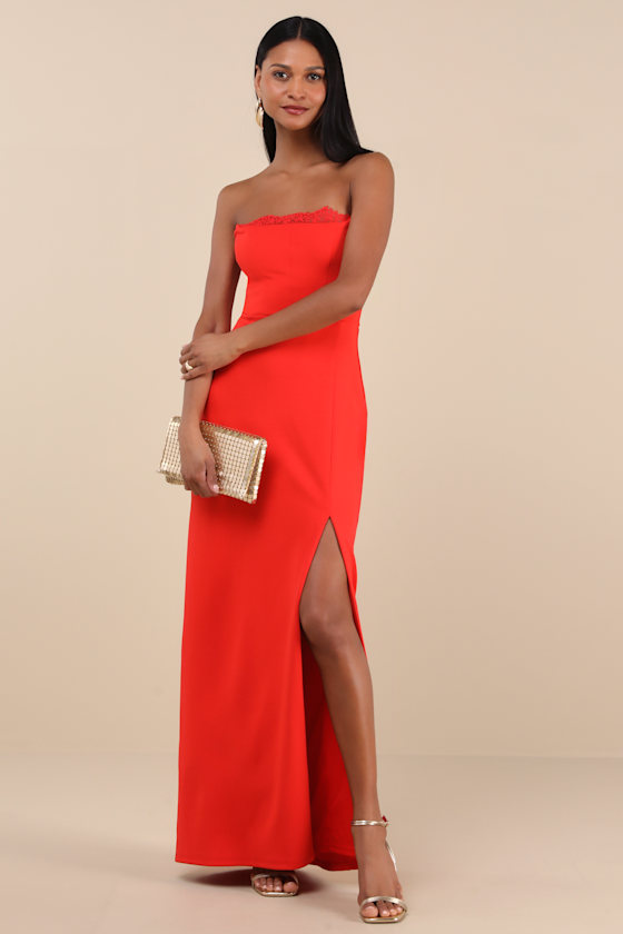 Memorably Iconic Red Strapless Lace Bustier Maxi Dress