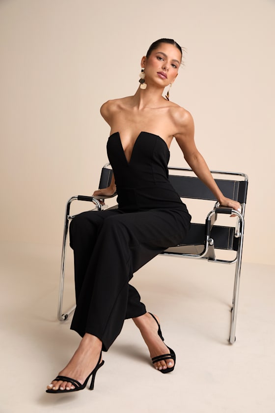Cris Black Plunge Strapless Straight Leg Jumpsuit
