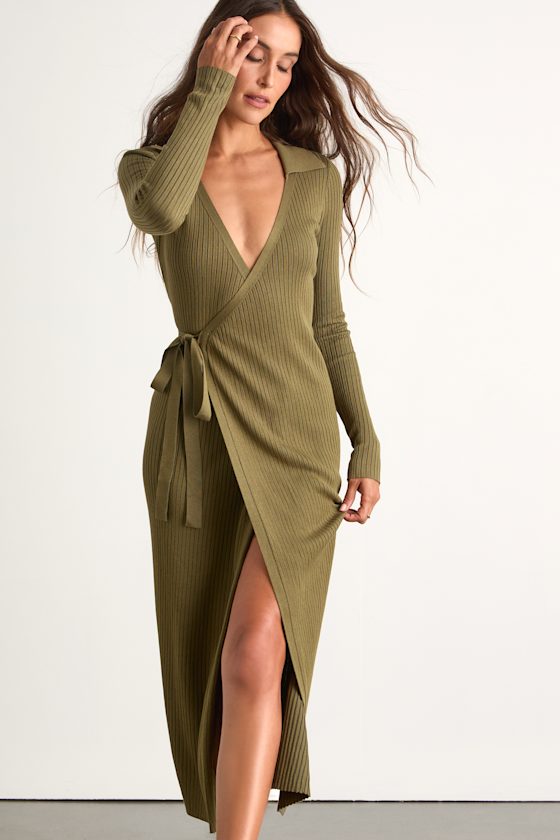 Neyla Olive Green Ribbed Sweater Wrap Midi Dress