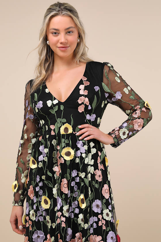 Impressive Blossom Black 3D Floral Embroidered Midi Dress