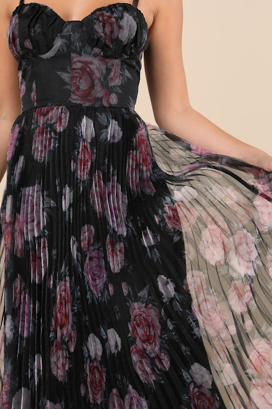 Alluring Invite Black Floral Pleated Bustier Midi Dress